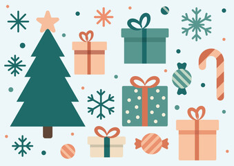 Christmas gift set, Christmas trees, and winter elements in flat style.