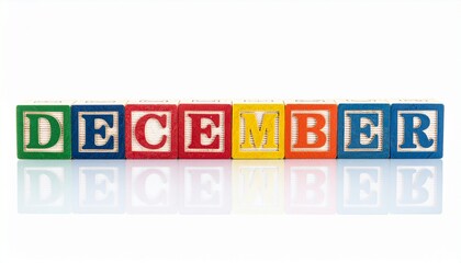 Colorful blocks spelling &ldquo;DECEMBER&rdquo; with reflections.