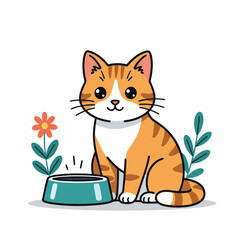 Obraz premium Homeless ginger cat with an empty food bowl. Cartoon character graphic for pet adoption. Animal shelter and charity concept