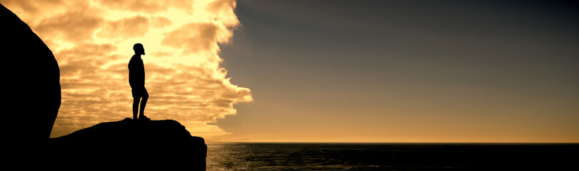 Fototapeta premium Sunset, silhouette and man with view, ocean and summer holiday with fitness, banner or wellness. Seaside, nature or healthy person with shadow, tourism or vacation with mockup space, sky or adventure