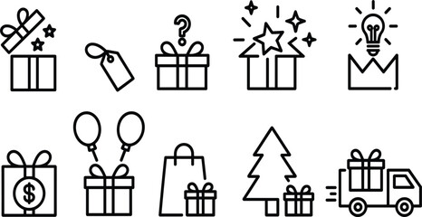 Set of Ten Gift and Present Line Icons, Outline Shopping Delivery and Holiday Surprise Symbols, Minimalist E-commerce Vector Graphic Collection