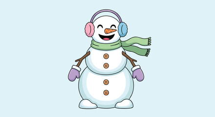 Snowman Wearing Earmuffs and Smiling Pastel Palette Flat Vector Illustration Clean Outline