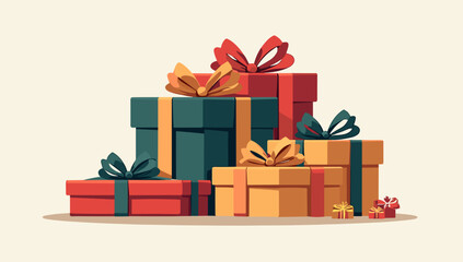 Obraz premium Cozy wrapped presents pile christmas boxes with bows on light minimal backdrop