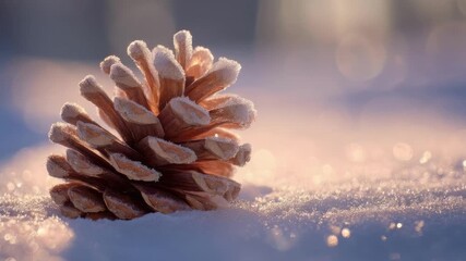 Frost-covered pine cone resting on snow in a quiet winter scene. - Powered by Adobe