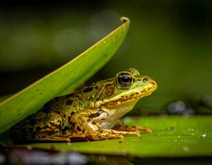 Obraz premium A green frog resting under a broad leaf on a lily pad, with a dark, blurred background creating depth