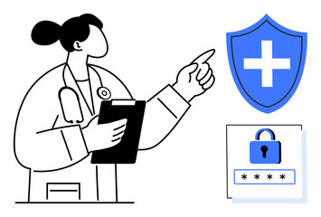 Doctor with clipboard pointing to shield with medical cross and password lock, promoting cybersecurity. Ideal for healthcare, security, data protection, privacy, compliance, trust, simple flat