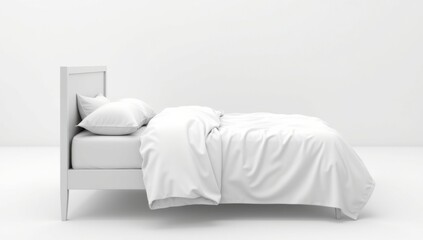 Naklejka premium Maqueta de cama en blanco con sábanas blancas y sombras mínimas