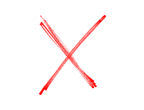 Red cross mark drawn with brush strokes. Hand-drawn X symbol isolated on white background. 