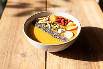 Adaptogen Smoothie Bowl with Ashwagandha, Maca, Goji Berries and Chia Seeds for Stress Relief, Superfood Wellness and Natural Energy Support