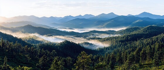 A panoramic view of rolling mountains covered in dense pine forest, with mist filling the valleys during a soft sunrise.