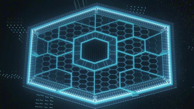 Holographic security shield made of wireframe and hex patterns, bright cyan rim light, gentle rotation with a scanning beam sweeping across the surface, tiny spark particles on a pure black tech backg