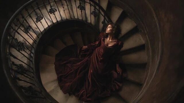 A woman in a flowing dark red dress sits on a spiral staircase, gazing upward, surrounded by ornate iron railing.