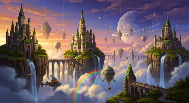 Fantasy landscape with castles bridges waterfalls and floating islands