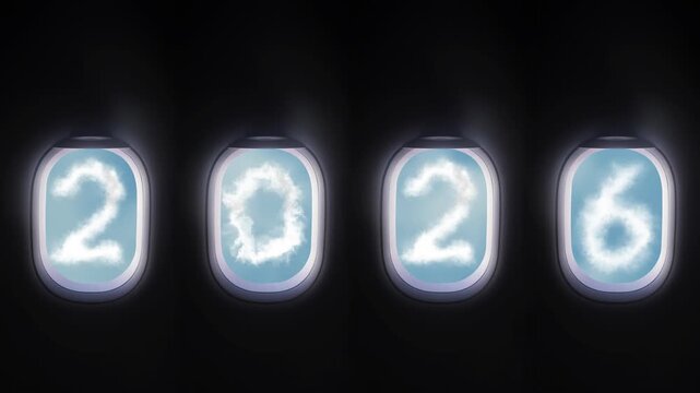 4K looping. cloud 2026 outside the plane window, four airplane windows open white window shutter wide with blue sky view and white cloud in 2026 shape