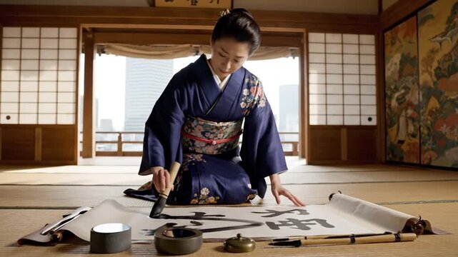 A woman in a traditional Japanese kimono practices calligraphy in a serene, natural-lit room