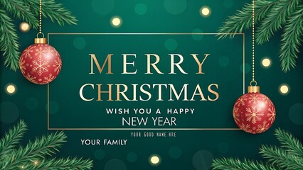 Elegant merry christmas and happy new year greeting card featuring festive red ornaments, green pine branches, and sparkling bokeh lights on a dark green background, ideal for holiday celebrations
