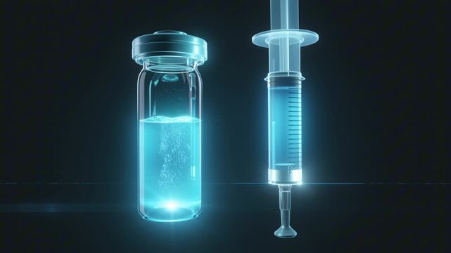 Holographic vial and syringe glowing in cyan on a deep black background, liquid level gently rising and falling, soft scanline shimmer creating a clean sterile healthcare and medical tech mood.