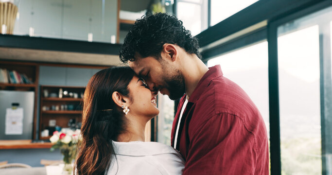 Love, forehead touch and happy couple in home with care, connection and marriage commitment. Smile, man and woman in apartment with romance, bonding together and trust with healthy relationship