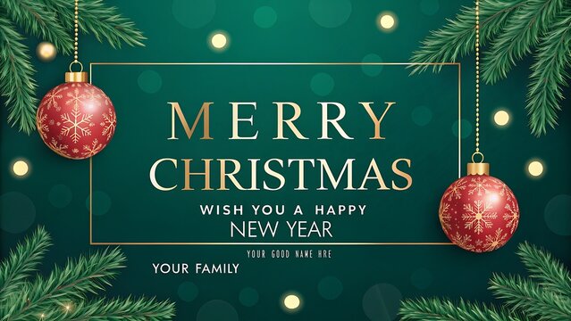 Elegant merry christmas and happy new year greeting card featuring festive red ornaments, green pine branches, and sparkling bokeh lights on a dark green background, ideal for holiday celebrations - Powered by Adobe