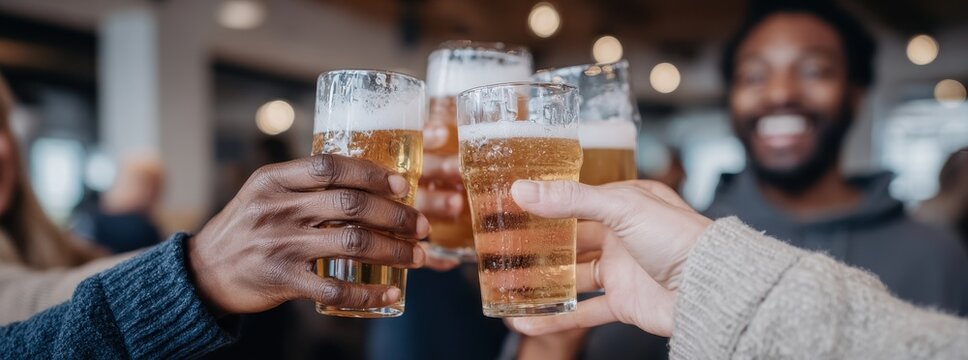 Friends Clinking Beer Glasses Together in Celebration with Laughter and Cheers - Powered by Adobe