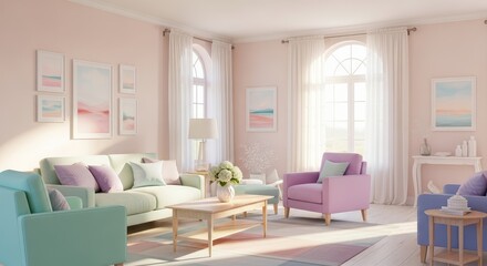 Fototapeta premium A pastel living room with sofas armchairs and artwork on the walls near windows