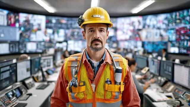 Duty of a Worker: A dedicated worker, adorned in safety attire, stands resolute in a control room, overseeing a complex network of technology and surveillance.