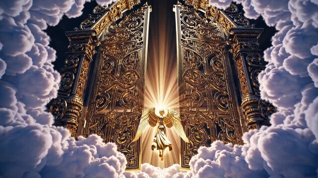 Celestial Gateway: The radiant entrance, a masterpiece of architecture, opens amidst a sea of fluffy clouds, revealing a divine light, as an angelic figure emerges.