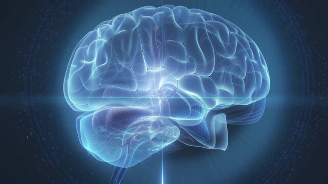 3D holographic brain with softly illuminated neural pathways, gentle pulses moving across both hemispheres, cool blue purple volumetric glow, and a slow orbiting camera for a futuristic medical look.