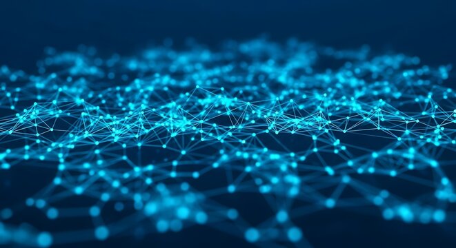 Abstract blue digital network connection background with glowing nodes and lines, symbolizing technology and data flow.