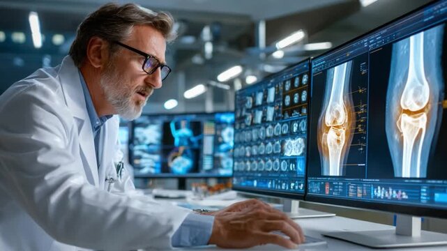 Focused Examination: A medical professional intensely analyzes digital medical scans, shedding light on the intricate details of the human anatomy. His focused demeanor embodies expertise.