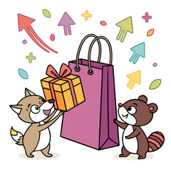 Cute cartoon fox and raccoon with a gift bag and present celebrating success and joy
