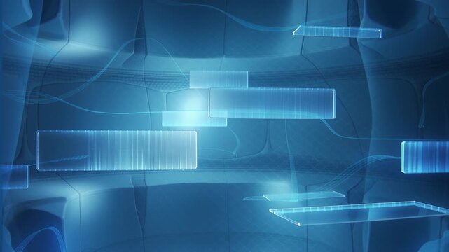 Abstract medical hologram scene with floating translucent panels drifting in slow motion, soft blue vectors forming a clinical tech atmosphere, gentle glow creating a calm futuristic background.