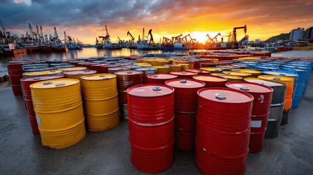 Oil Barrels at Sunset: A captivating scene of colorful oil barrels neatly arranged at a bustling industrial port, against a stunning sunset backdrop.