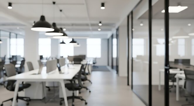 Modern open-plan office environment with sleek white desks, ergonomic black chairs, and contemporary lighting fixtures.
