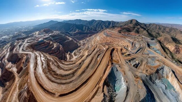Open-Pit Mining Panorama: An expansive aerial perspective reveals a massive open-pit mine carved into the earth, with winding roads and exposed rock formations.