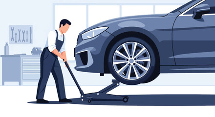 Mechanic changing tires in professional auto repair shop with clean tools. Ideal for garage services, maintenance visuals, car repair ads, and automotive illustrations