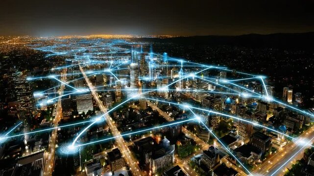 Connected Metropolis: An elevated view showcases the sprawling cityscape connected by luminous threads, reflecting the technological network that intertwines the urban landscape. 