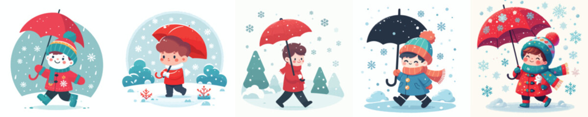 little boy walking with umbrella in snowy atmosphere