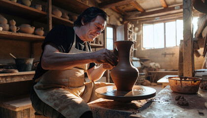 Artisan shaping clay on a spinning wheel. Evokes craftsmanship, tradition, creativity. Ideal for themes of art, pottery, handmade goods, and skill.