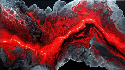An abstract fluid art painting with vibrant red, black, and gray colors. The composition features flowing lines, cellular patterns, and a dark background, creat