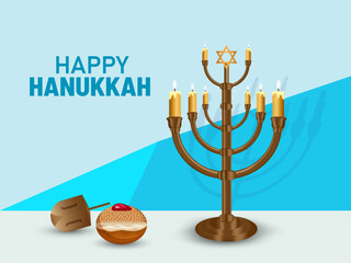 Golden realistic menorah, candlestick with burning eight candles, food and games for Hanukkah holiday celebration, Traditional israel festival decoration vector illustration.