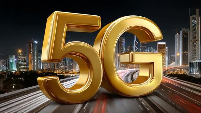 Golden 5G Connectivity: The image shows a glowing, golden 5G logo set against a backdrop of a modern city at night, symbolizing the cutting-edge communication network.