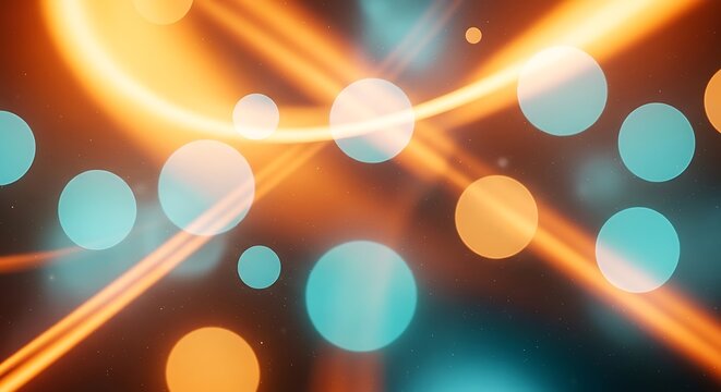Abstract orange and teal glowing light streaks with bokeh circles and subtle particles, modern dynamic background.