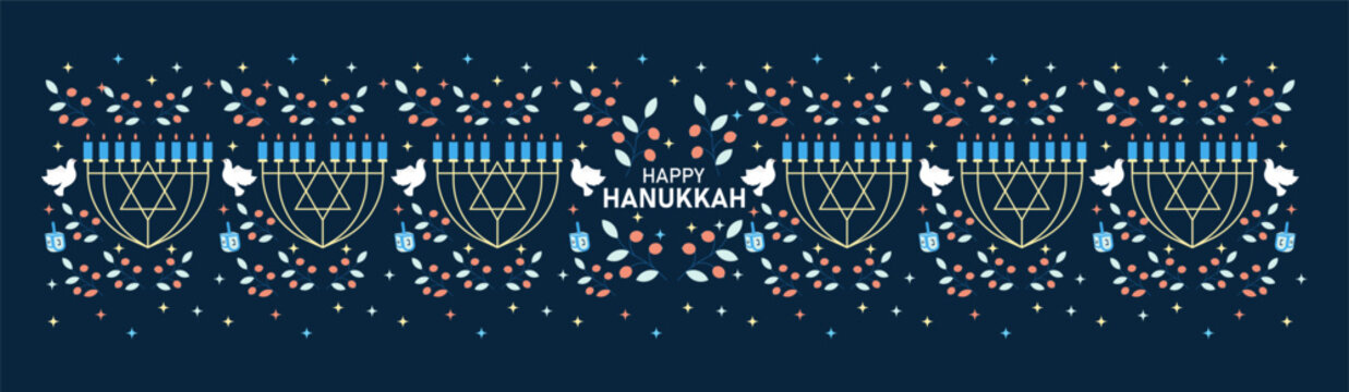 Abstract trendy Flat icon style pattern design, Menorah, candlestick with burning eight candles, dove bird and other jewish elements vector illustration.