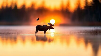 A majestic moose stands in shallow, misty water during a vibrant sunrise. A small bird flies nearby. The scene is bathed in warm, golden light with reflections
