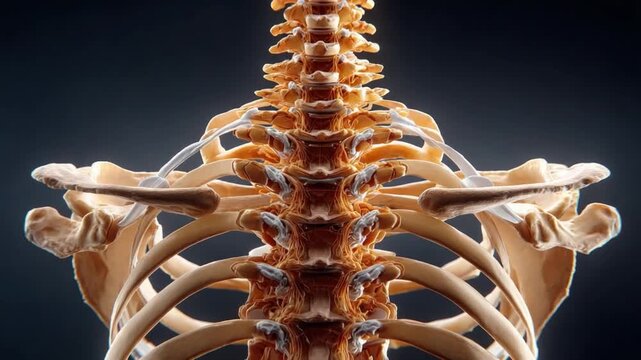 Human Skeleton Detailed Anatomy: A detailed, up-close view reveals the intricate framework of a human skeleton, highlighting the spine, ribs, and shoulders, with anatomical precision and clarity.