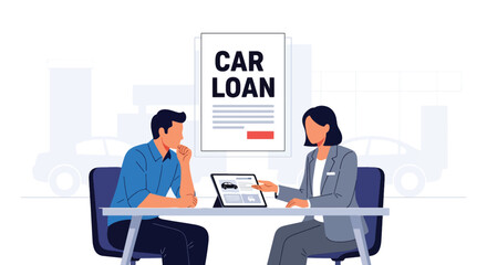 Customer discussing car financing options with advisor at dealership office. Ideal for financial services, auto loans, car buying guides, and dealership marketing
