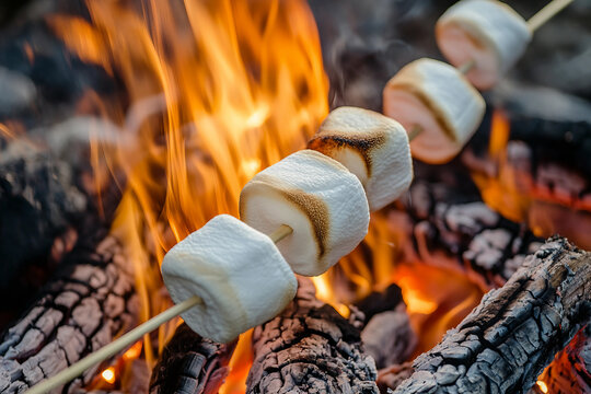 Generative AI image of marshmallows roasting over campfire flames during outdoor picnic food preparation in the forest