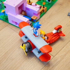 Obraz premium Sonic the Hedgehog and Tails in a Lego airplane with a Minecraft pig house in the background