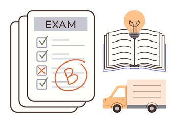 Exam paper with graded results, open book with lightbulb symbolizing learning and creativity, and delivery truck. Ideal for education, knowledge sharing, online courses, innovation, logistics